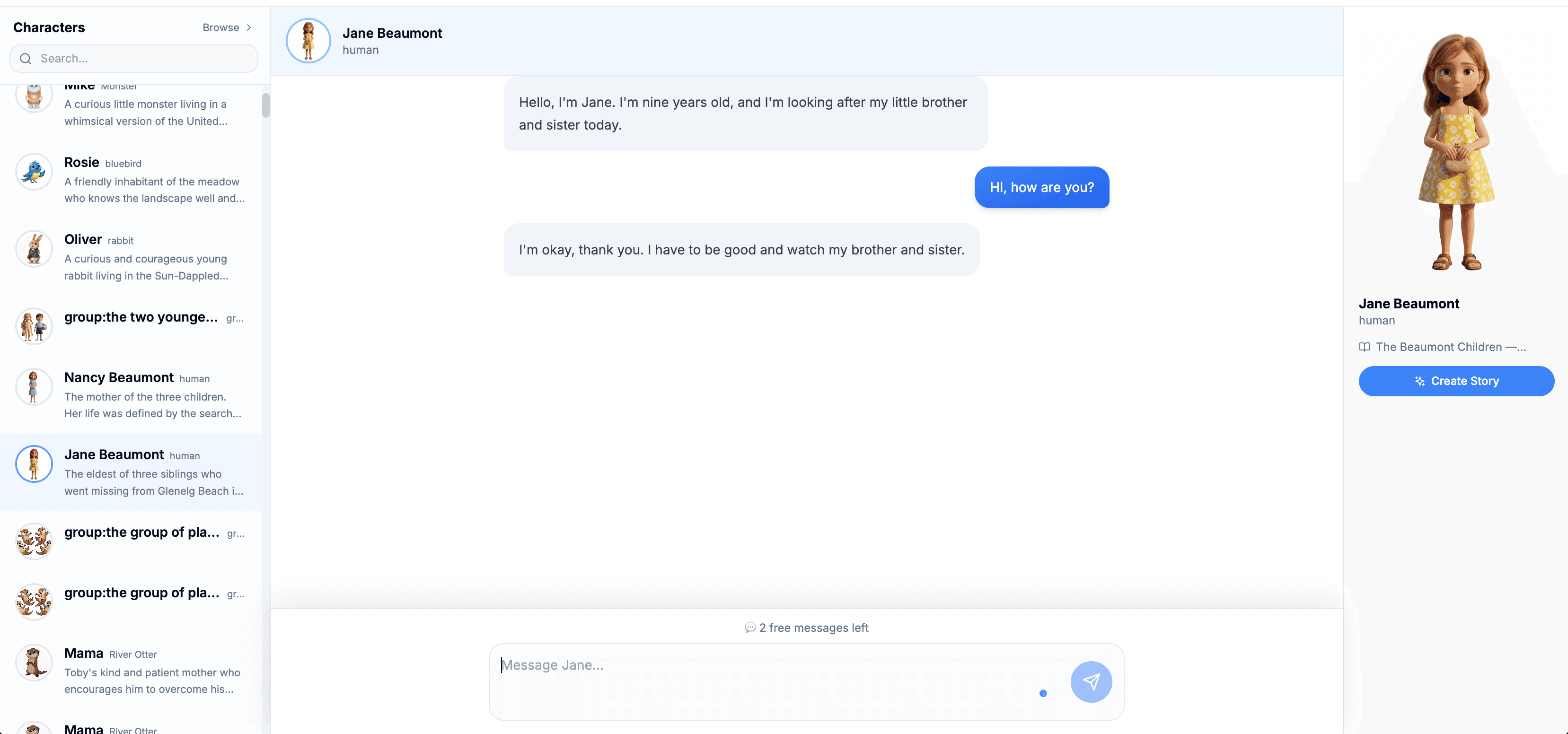 Character chat interface showing a conversation with Jane Beaumont, with the character list on the left including Rosie, Oliver, Nancy Beaumont, and others