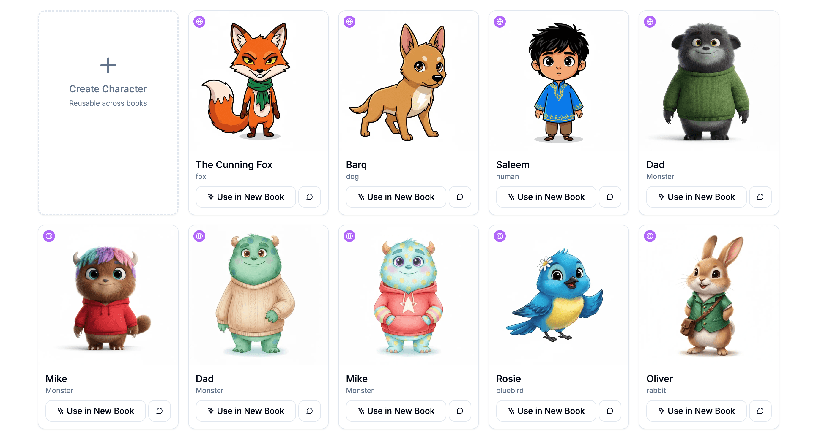 Character Library grid with reusable AI-generated characters including The Cunning Fox, Barq, Saleem, Dad, and more — each with a "Use in New Book" button