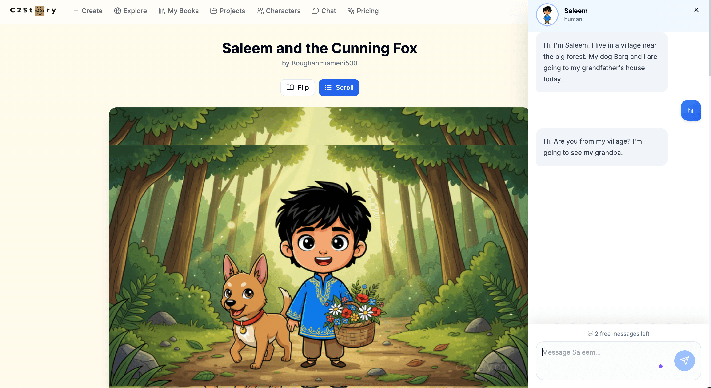Book reader showing "Saleem and the Cunning Fox" illustrated page alongside a live chat panel where the reader talks directly with Saleem