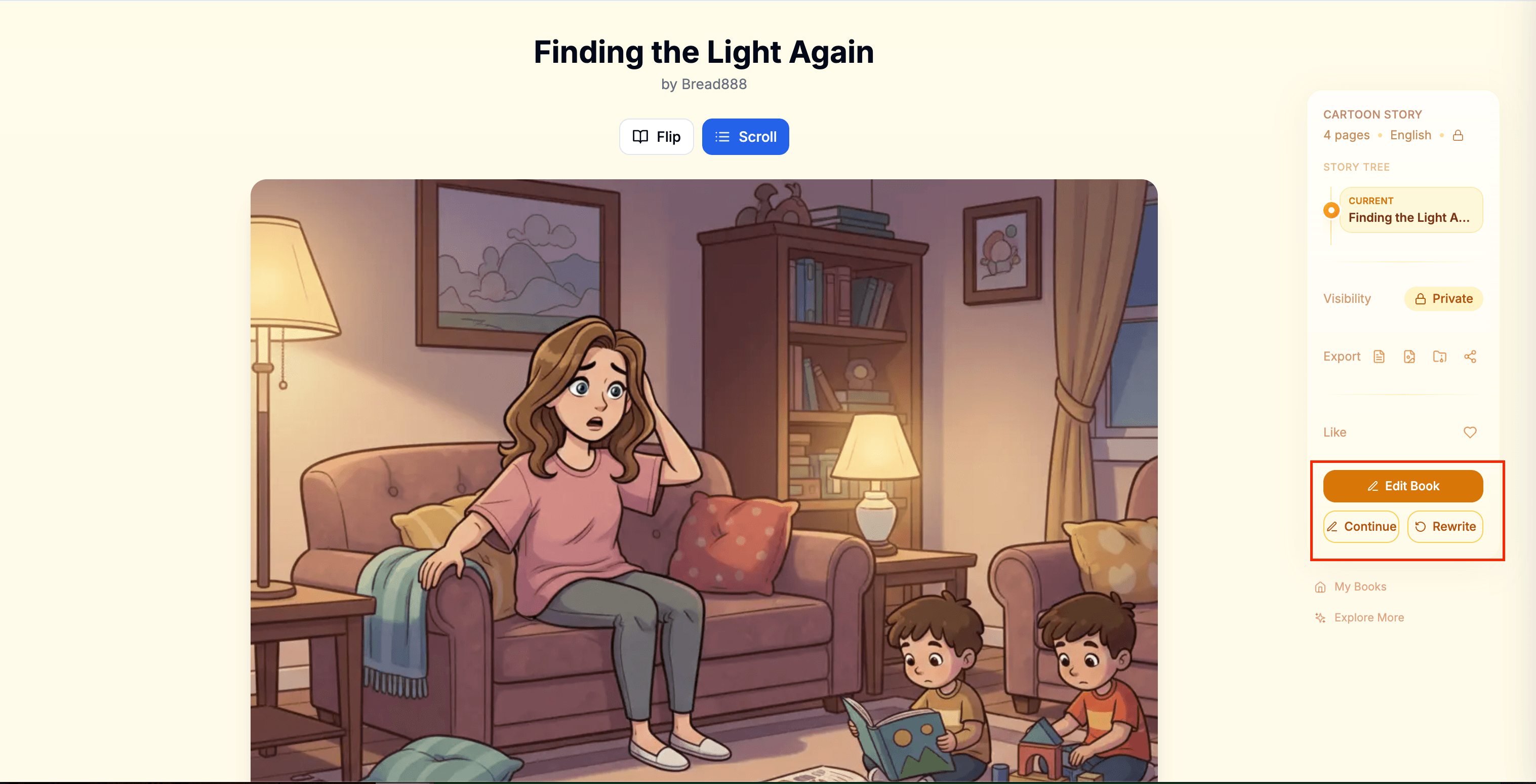 Illustrated book "Finding the Light Again" open in the c2story reader with Continue and Rewrite buttons highlighted in the right-side story panel