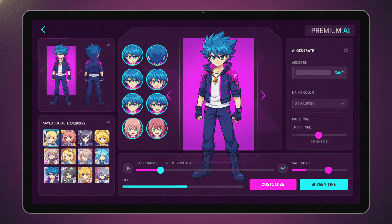 AI anime character generator interface showing a freshly generated original anime character with a turnaround sheet of expressions and a saved character library