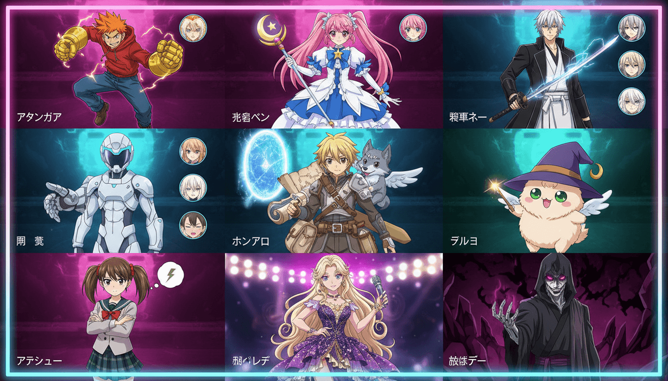 A grid of nine completely different original anime characters across shonen, magical girl, mecha, isekai, idol, chibi and villain archetypes