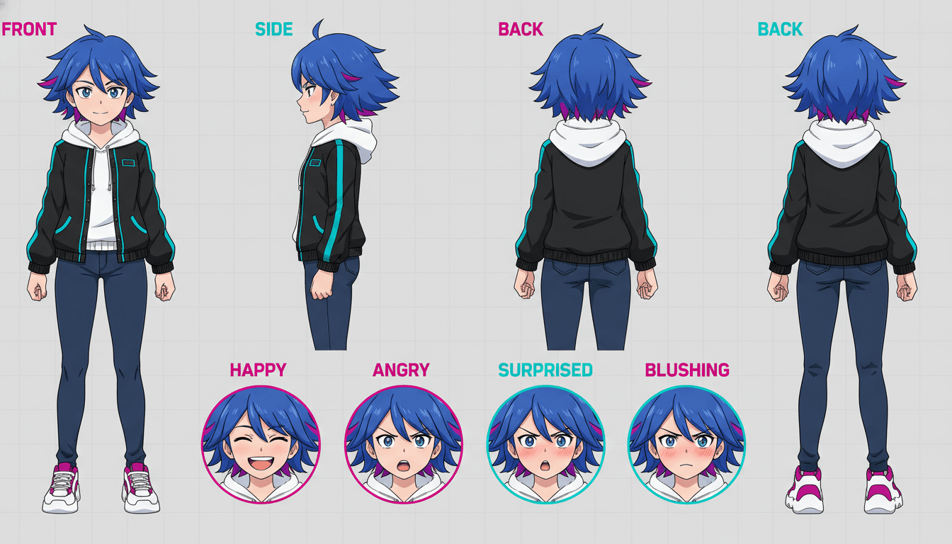 An anime character model sheet with front, side and back turnaround views plus a strip of facial expressions
