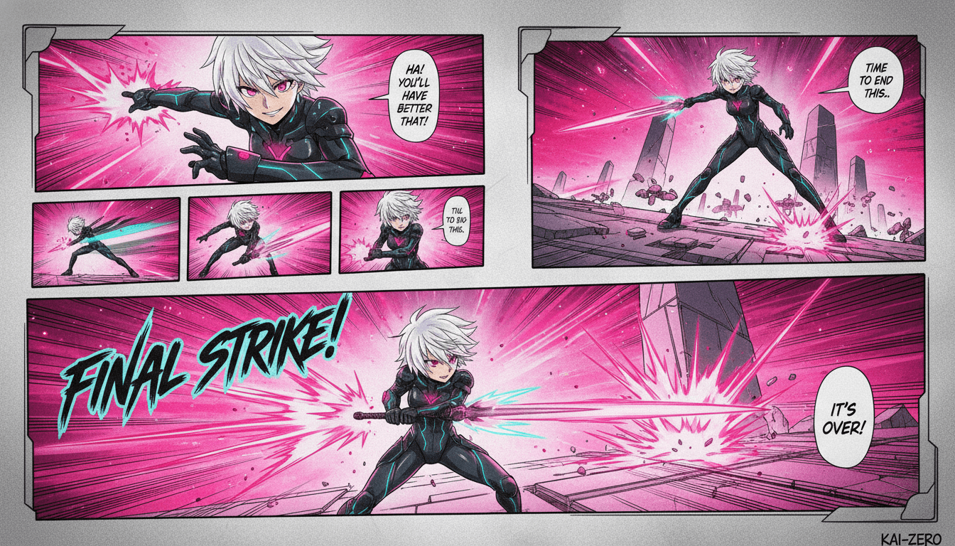 An original anime character starring on-model in a finished full-color manga page with multiple panels