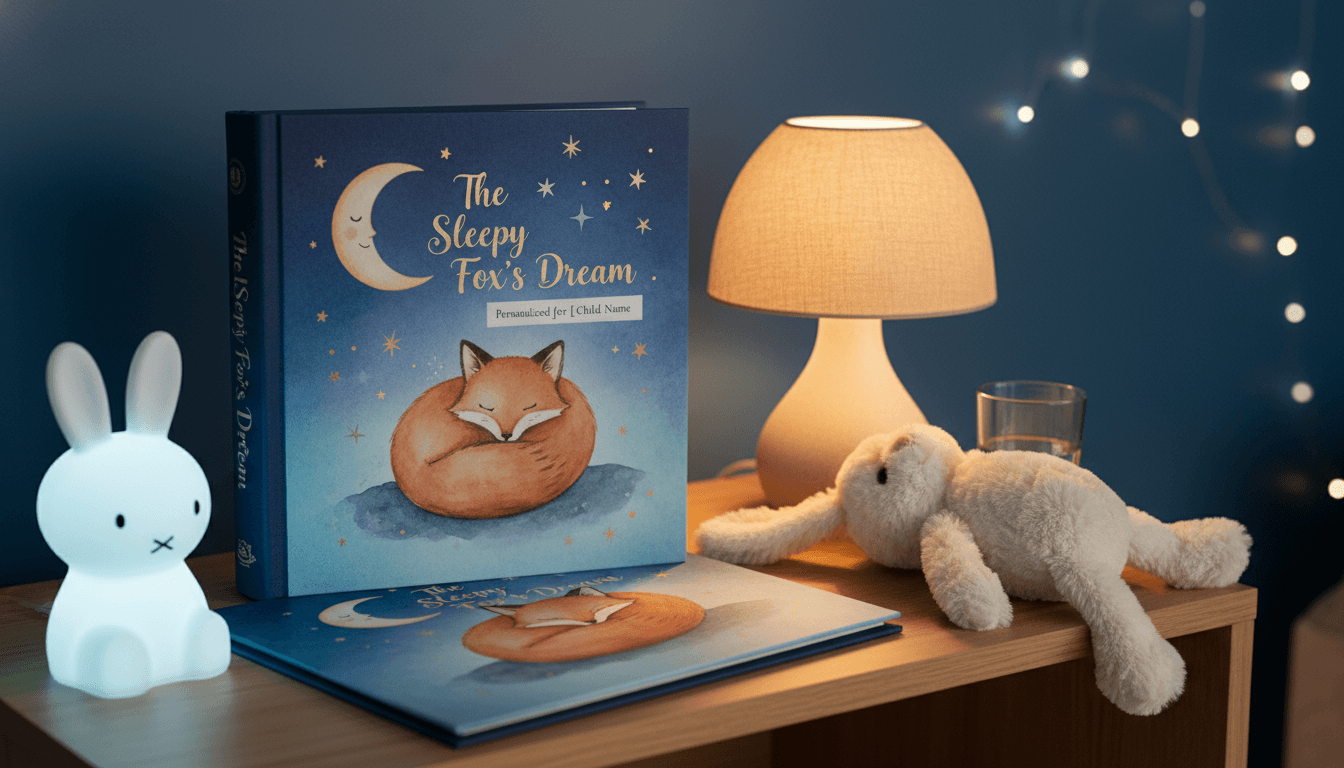 Personalized hardcover bedtime story book on a child nightstand under a warm lamp glow