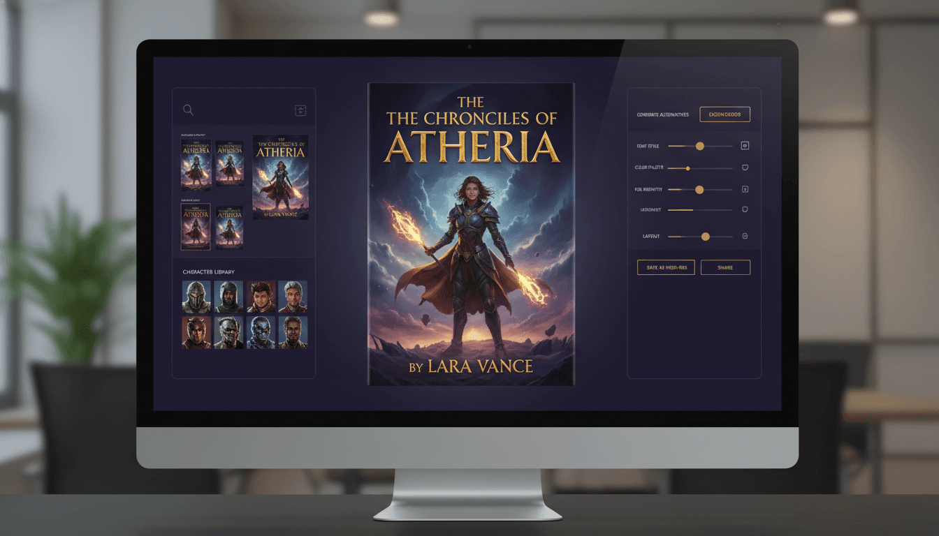 AI book cover generator interface showing a freshly generated professional book cover with a hero character, bold title and author name, and alternate layout options