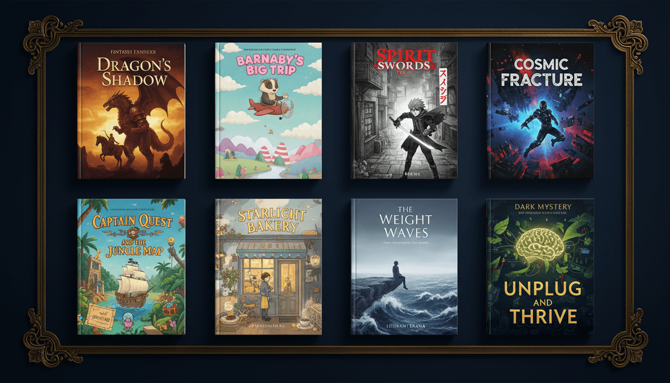 A grid of nine completely different professionally designed AI book covers across fantasy, children, sci-fi, romance, manga, mystery and more