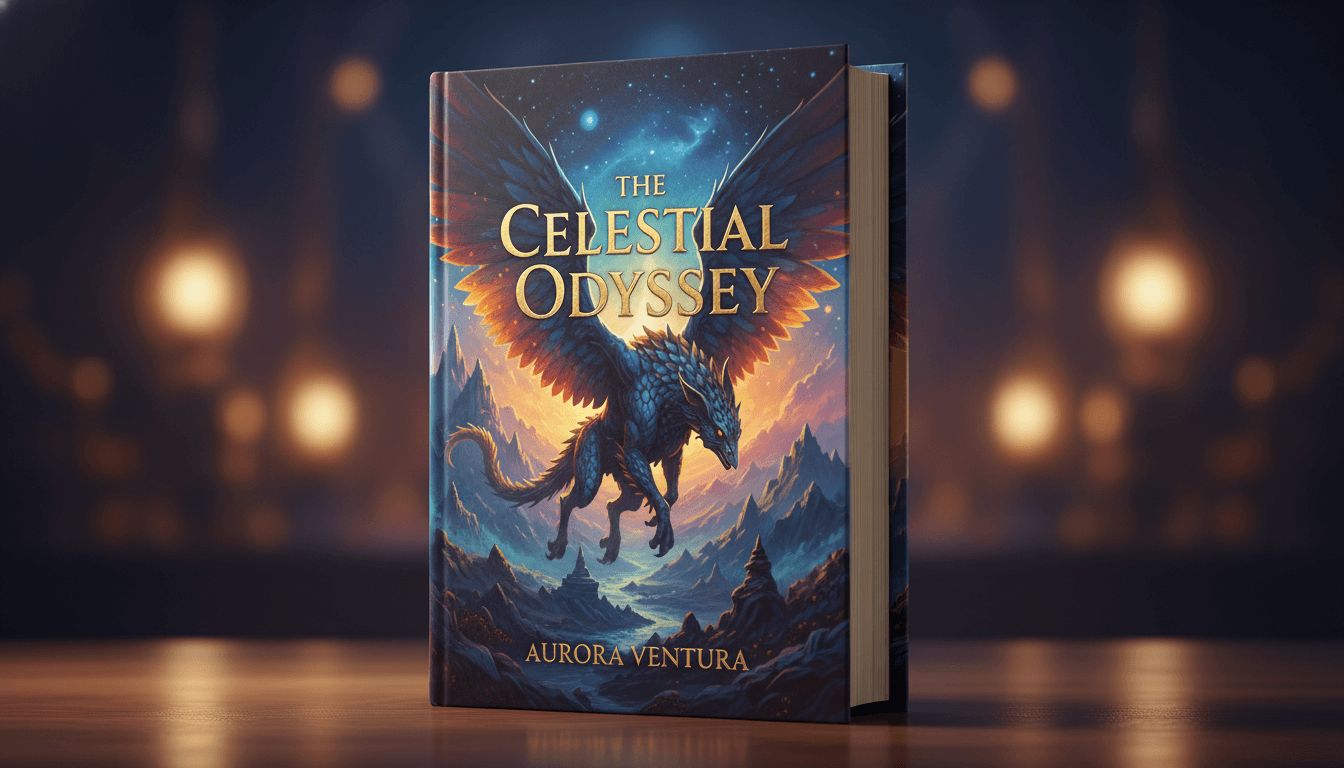 A finished hardcover book standing upright with a gorgeous AI-generated dust jacket and embossed gold-foil title