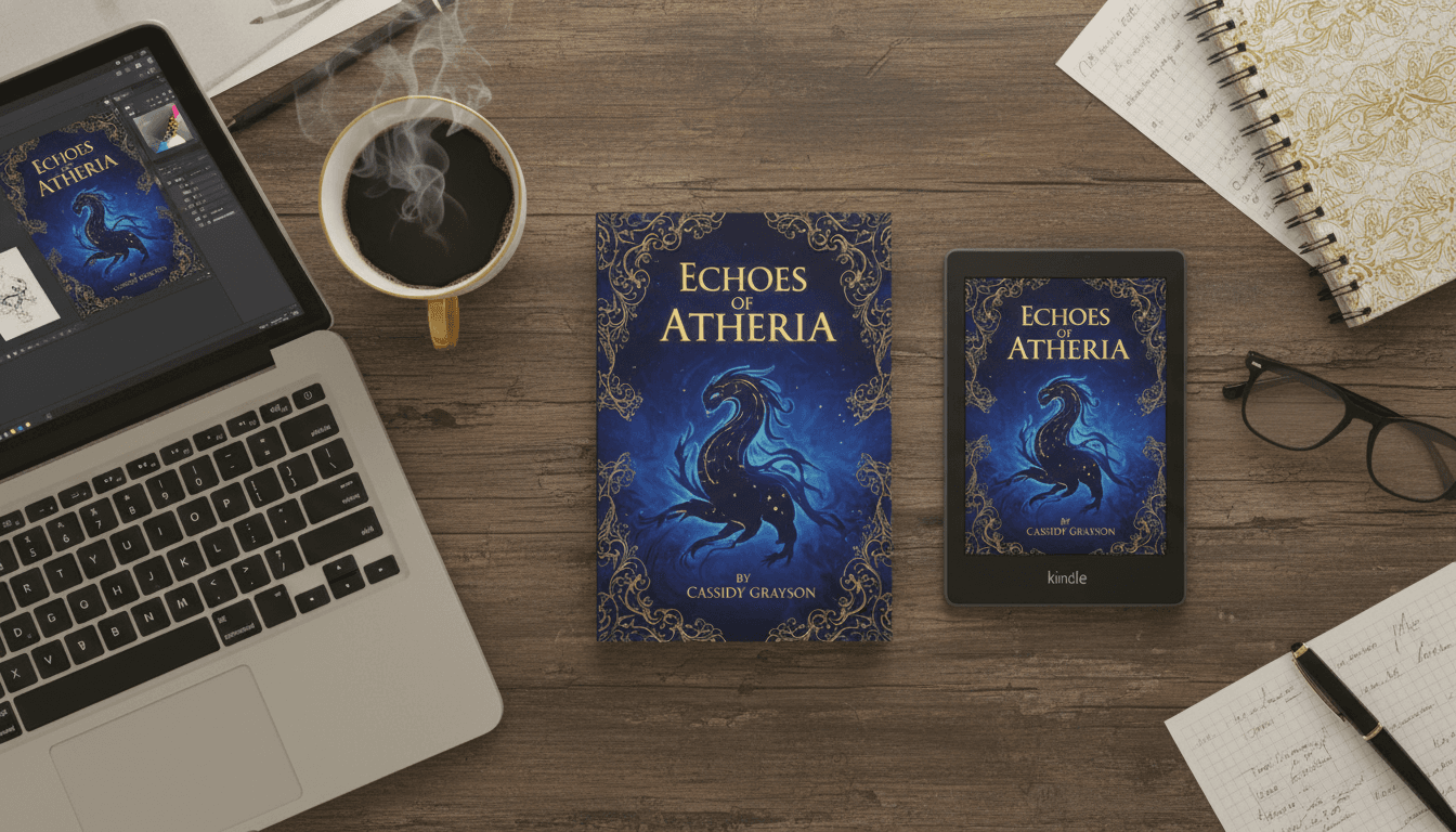 A KDP self-publishing flat-lay with a paperback and Kindle e-reader showing the same AI-generated book cover