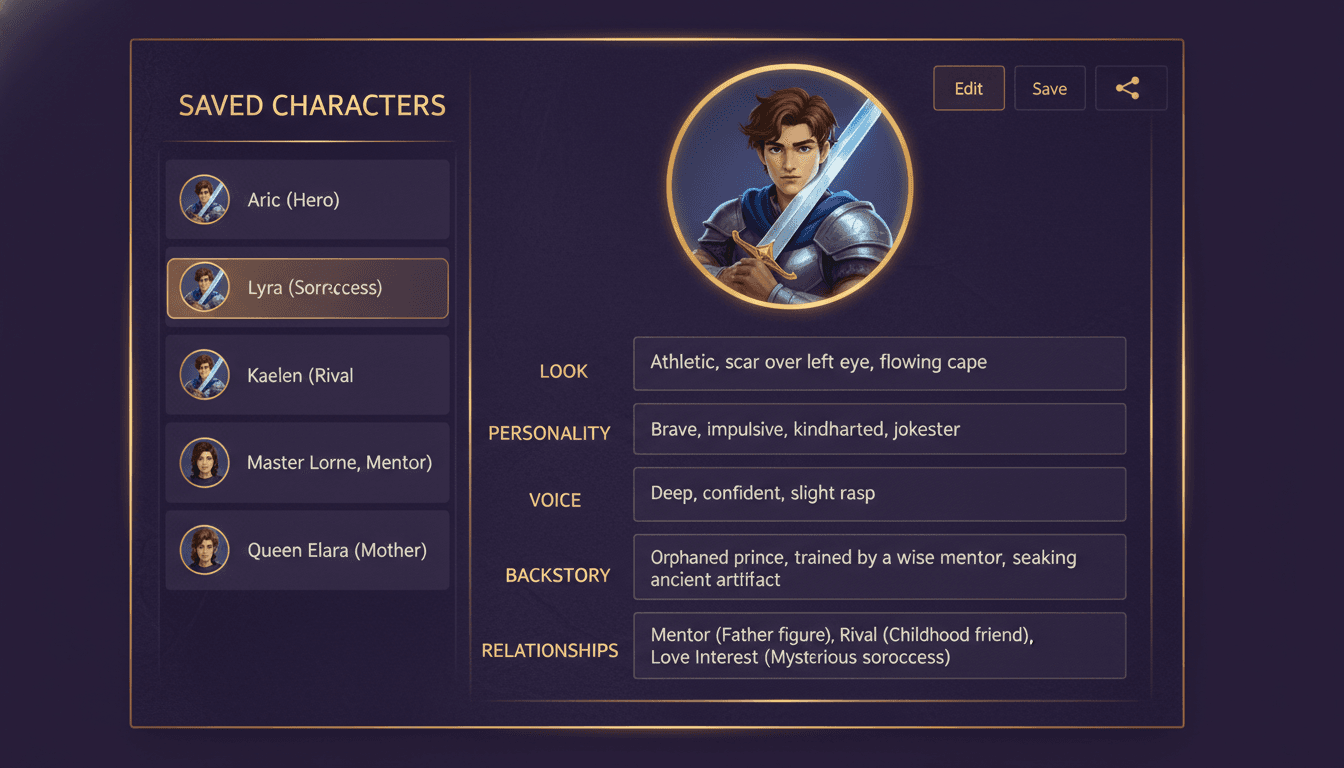 AI character bible generator interface showing a structured character reference sheet with look, personality, voice and backstory fields