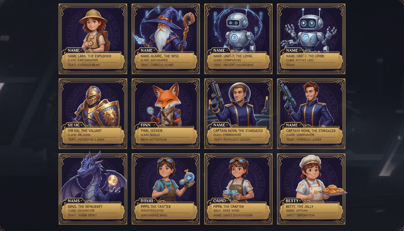 A grid of nine saved character bible cards, each a distinct original character with a portrait and a data panel