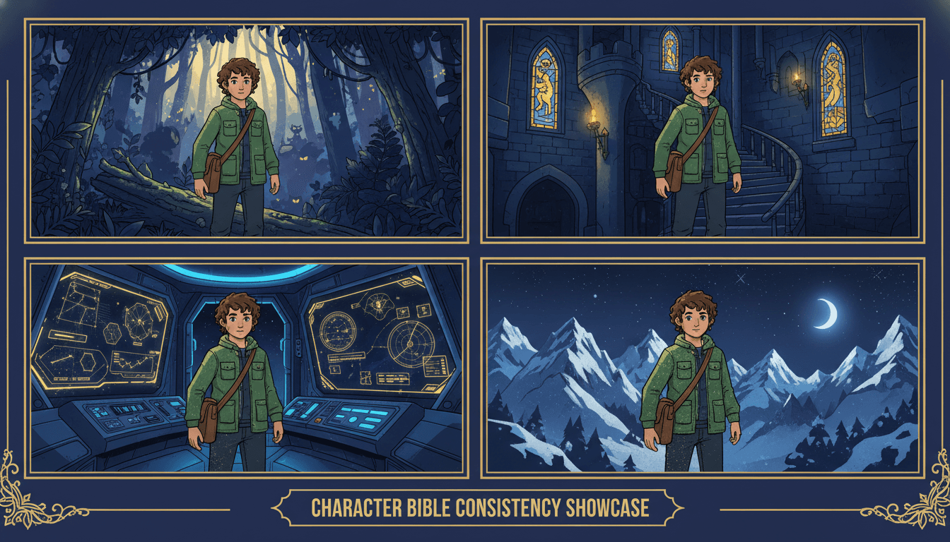The same hero rendered identically across four different story scenes, on-model everywhere