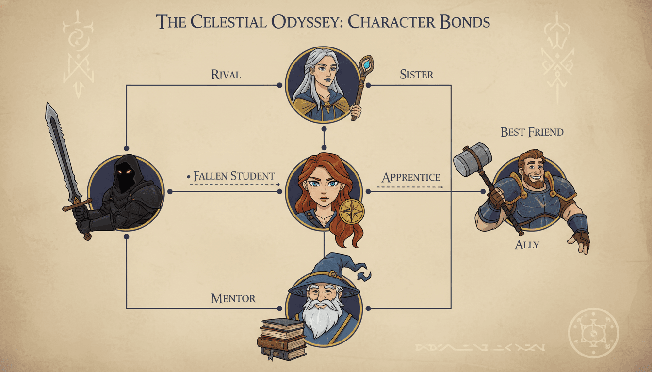 A character relationship map connecting several characters with labeled lines like sister, rival and mentor