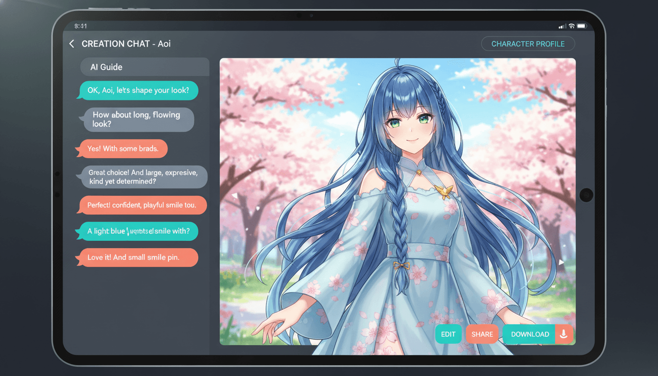 AI character chat interface showing a conversation shaping a character on the left and that exact character rendered as a matching illustration in the center