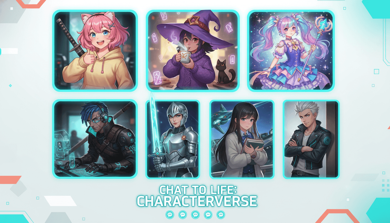 A grid of nine different original characters you can chat to life across anime, fantasy, cyberpunk, magical-girl, knight, and sci-fi archetypes