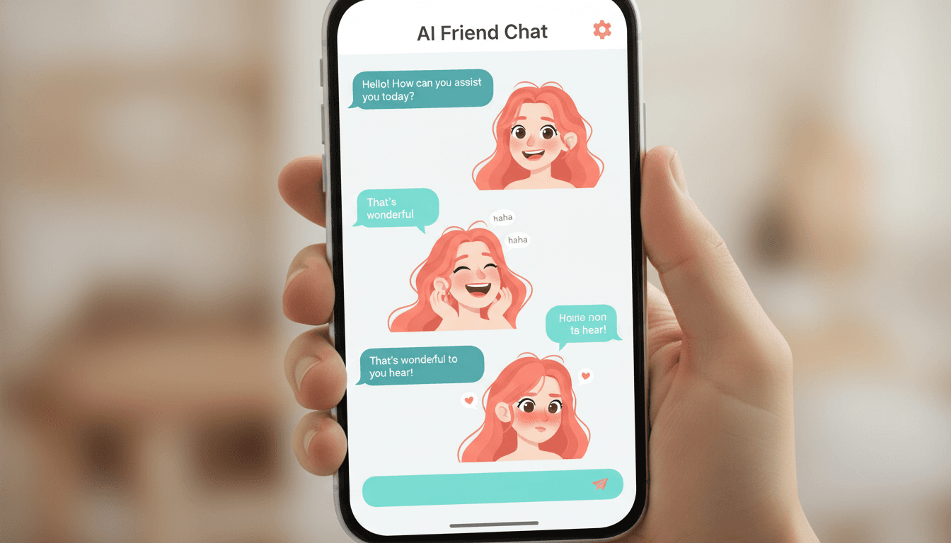 An AI character chat interface with rounded message bubbles and an expressive illustrated character reacting with different emotions