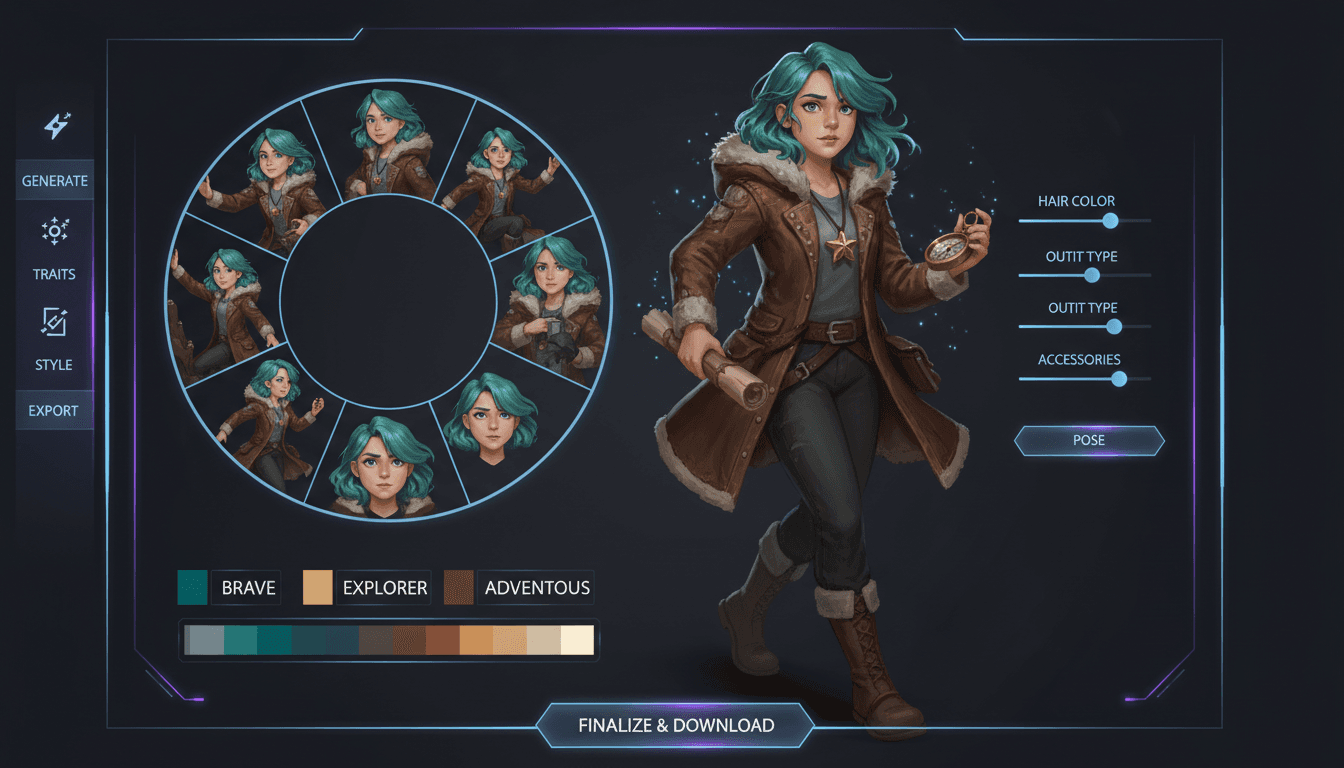 AI character generator interface showing one designed character with a consistent reference sheet of poses, expressions, and a color palette