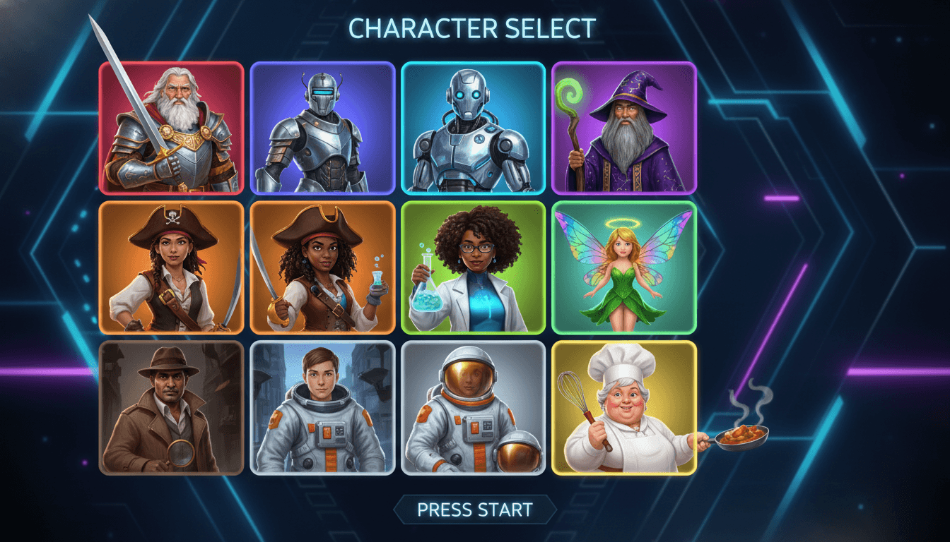 Roster grid of nine completely distinct AI-generated characters with diverse looks, ages, and outfits