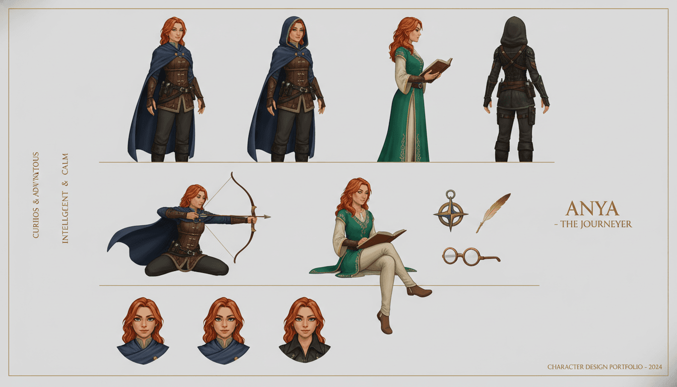 Reference sheet of one AI-generated character in five poses and three outfit variations with a consistent face and palette