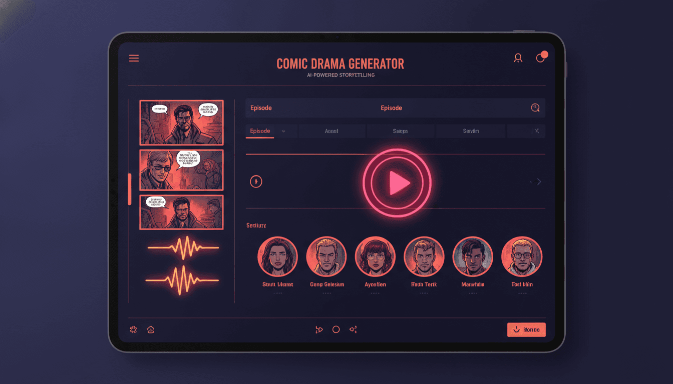AI comic drama generator interface with comic panels laid out on an episode timeline, voiced dialogue waveforms and a consistent character cast strip