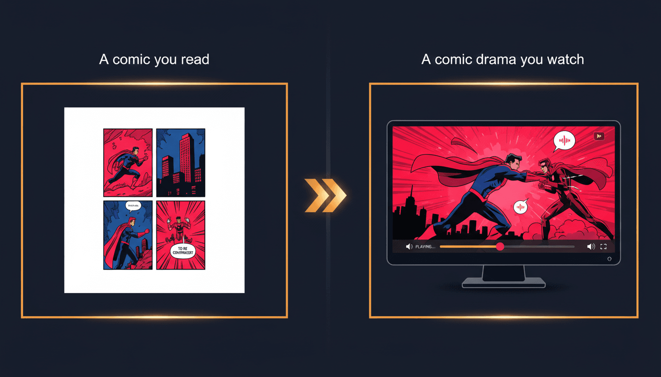 Split comparison showing a flat static comic page on the left and the same page playing as a comic drama episode with motion and voices on the right