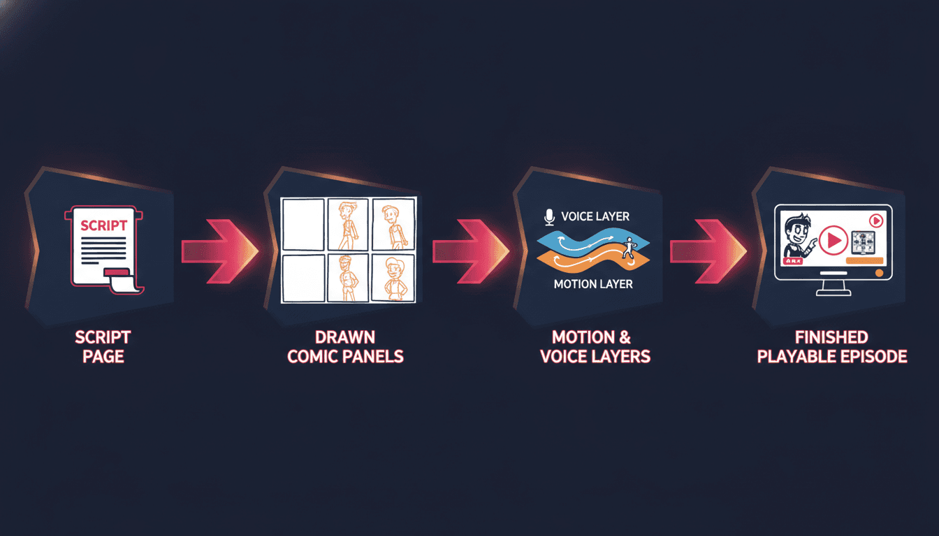 A pipeline diagram showing a script becoming comic panels, then gaining motion and voice, then a finished playable episode