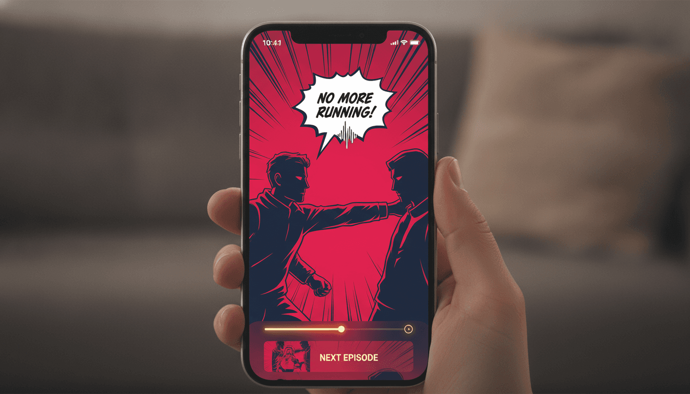 A smartphone playing a vertical comic drama episode with a dramatic panel in motion, a voiced speech bubble and an episode progress bar