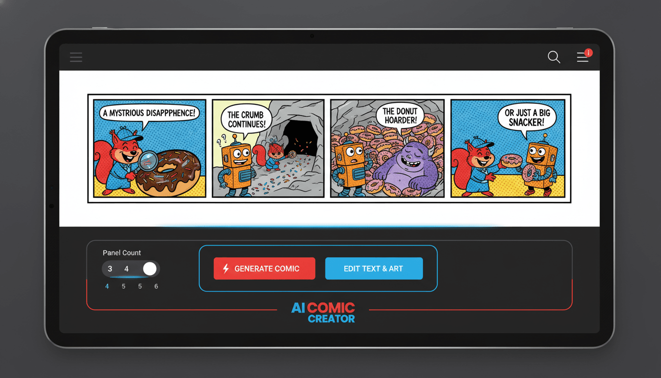 AI comic strip generator interface showing a generated four-panel comic strip with speech bubbles and a punchline