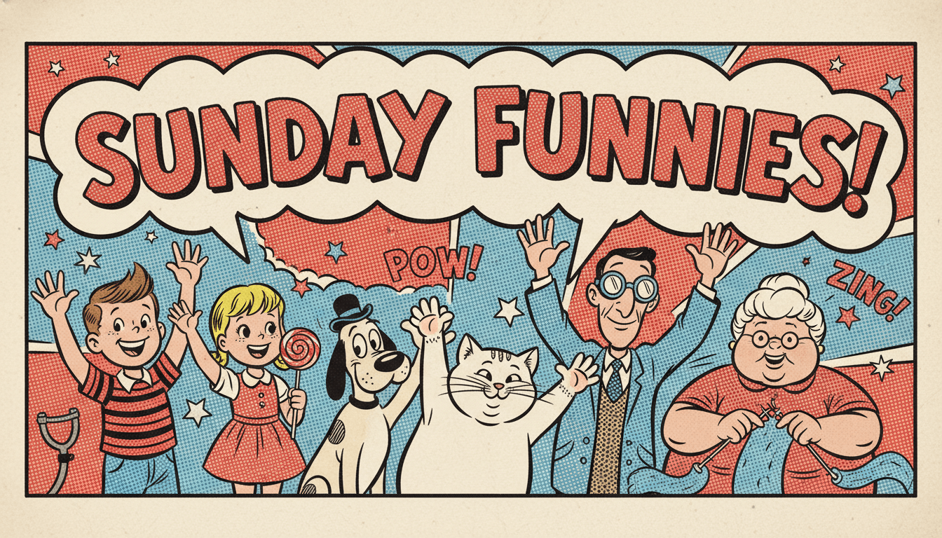 A retro Sunday-funnies comic strip banner with bold pop-art coloring and cheerful cartoon characters