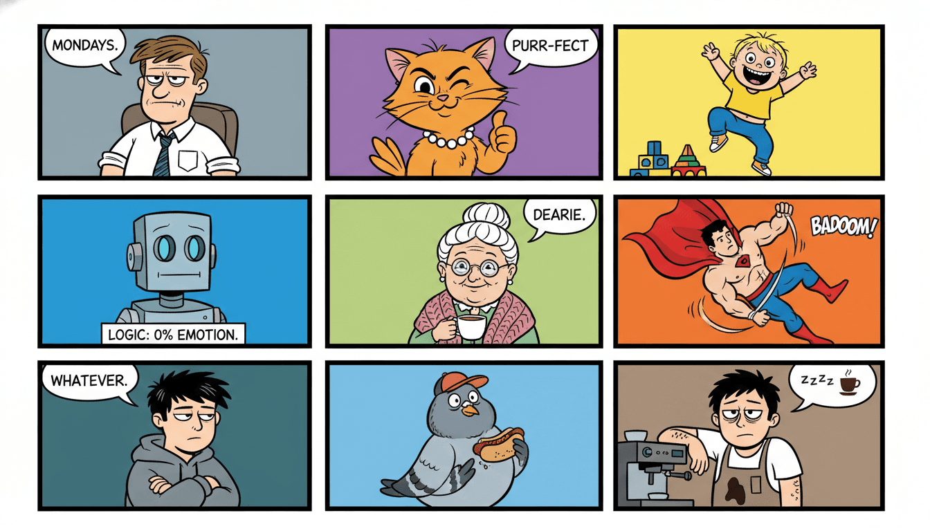 A roster grid of nine distinct comic-strip cartoon characters with diverse looks