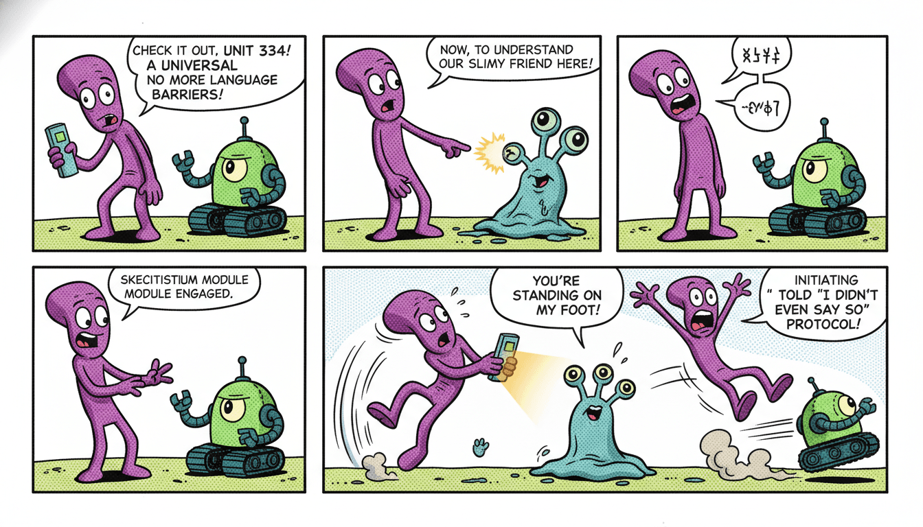 A finished four-panel comic strip with a setup, escalation, and punchline panel