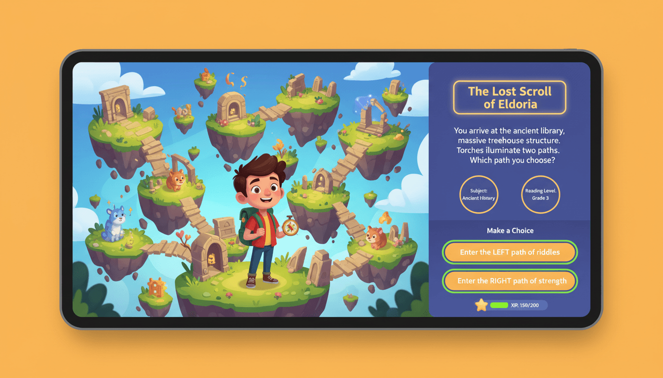 AI educational game story interface showing an illustrated learning quest with subject, reading level and branching choice controls