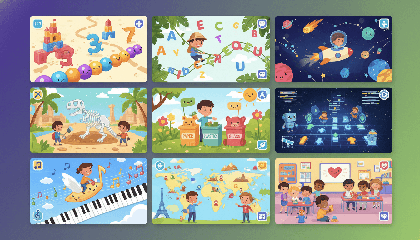 A grid of nine educational game story scenes across math, reading, science, history, nature, coding, music, geography and social skills