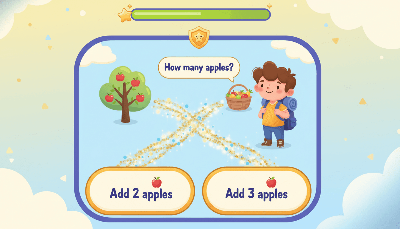 A learning story-game screen with a branching choice, answer buttons, a progress bar and reward badges