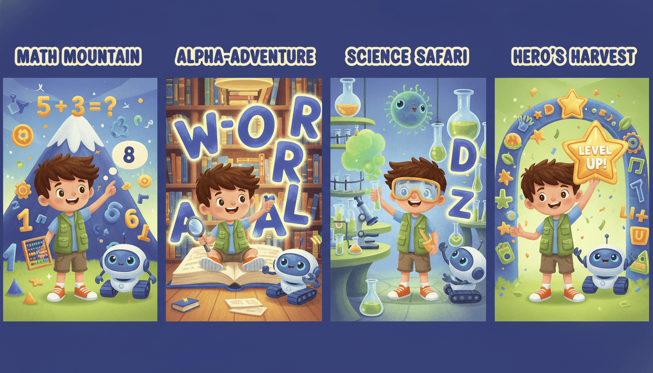 The same educational-story hero rendered on-model across four different illustrated learning-game pages