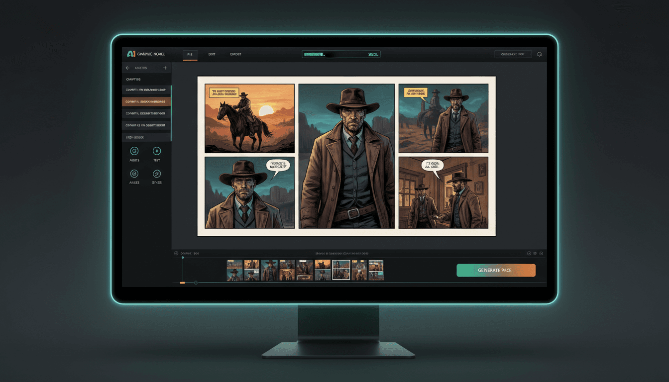 AI graphic novel generator interface showing a generated book-length graphic novel page with a grid of cinematic panels, captions and speech bubbles
