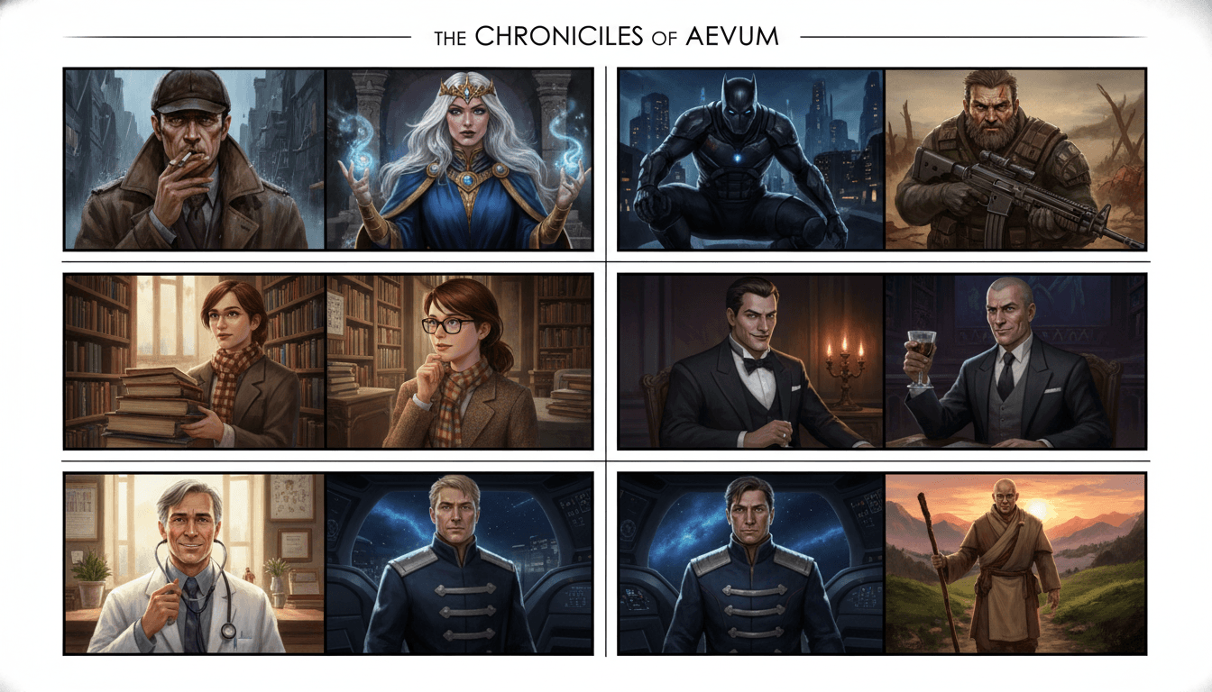 A roster grid of nine distinct mature graphic-novel-style characters with diverse looks