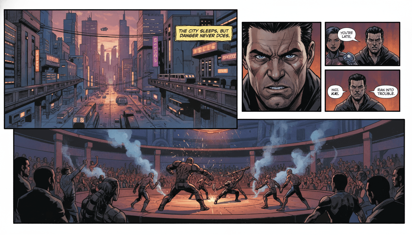 A full graphic novel page with a varied panel grid, narration caption boxes, and speech bubbles