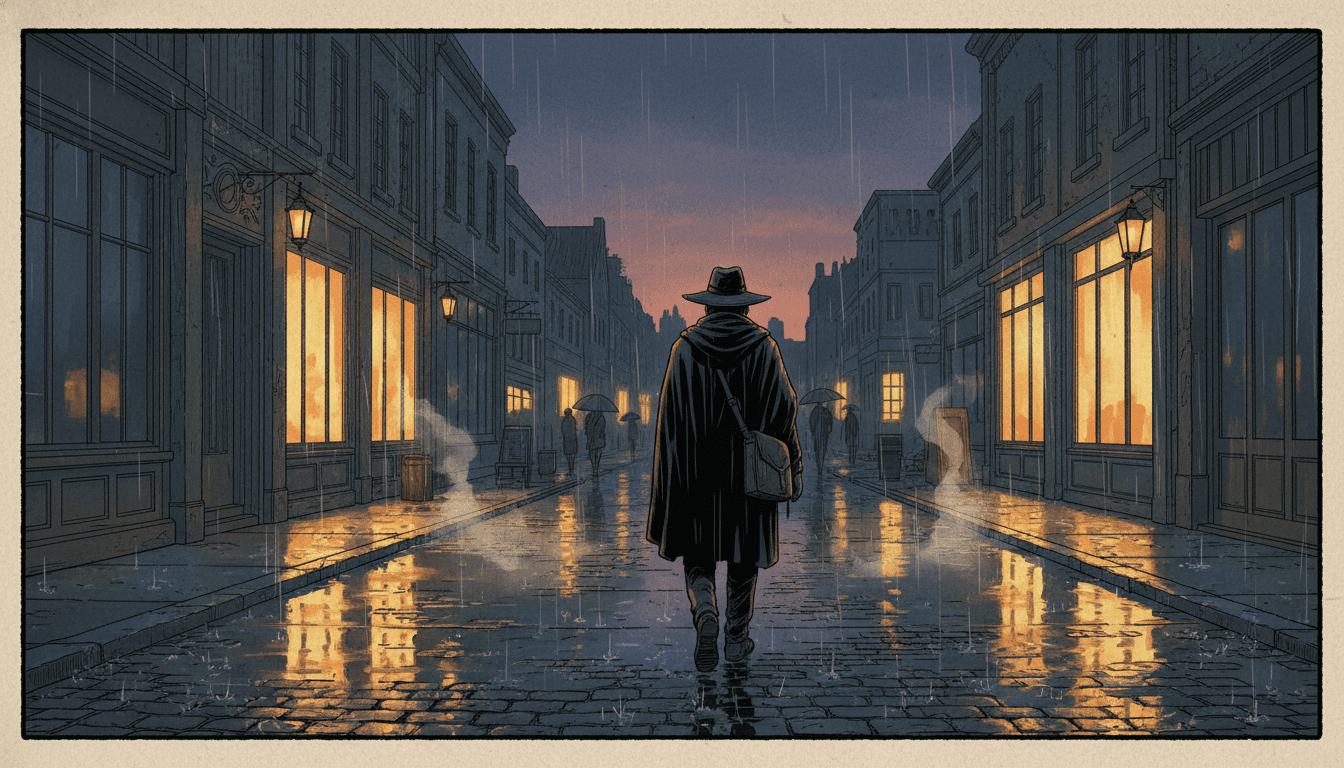 A richly painted literary-fiction graphic novel panel of a lone figure on a rain-soaked street