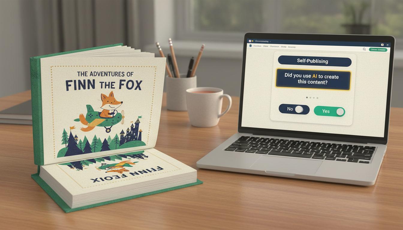 A self-published children's picture book open beside a publishing dashboard asking whether AI was used to create the content