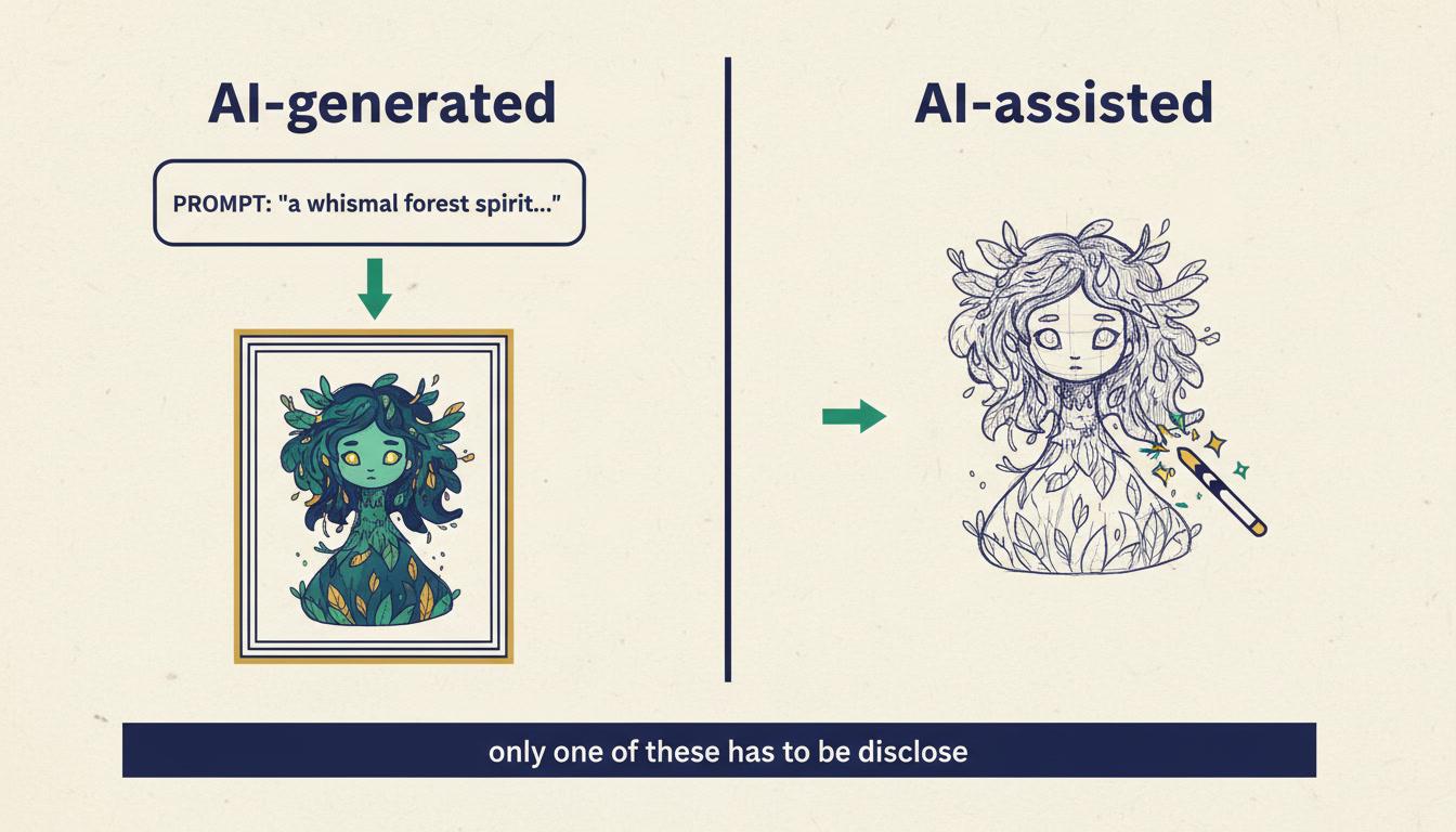 A two-column diagram separating AI-generated illustration from AI-assisted illustration, with a note that only one must be disclosed