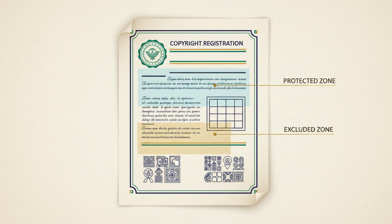 A copyright registration document with the manuscript text marked as protected and the AI illustrations marked as excluded