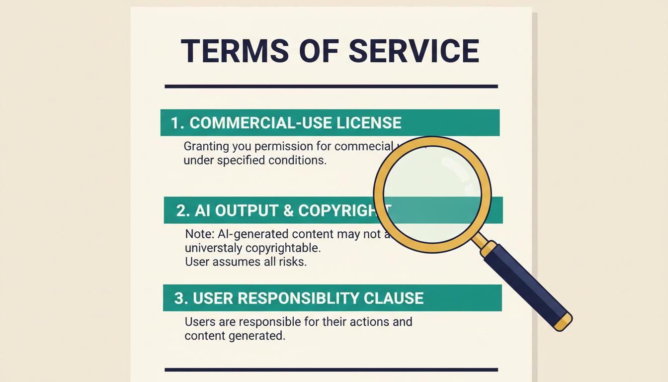 A terms-of-service page with the commercial-use licence and the copyrightability clause highlighted under a magnifying glass