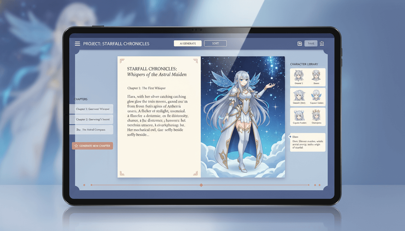 AI light novel generator interface showing a generated light novel page spread with prose text and an anime-style color insert illustration
