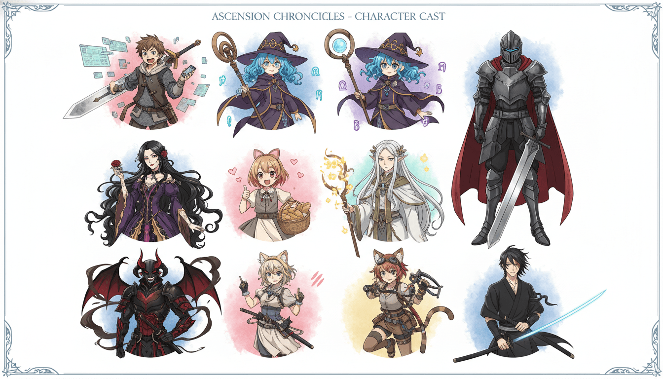 A character reference sheet of nine distinct anime light-novel characters in clean illustration style