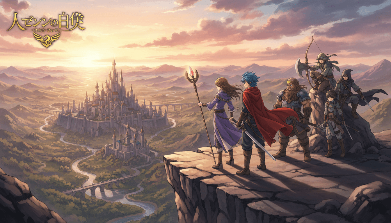A finished full-page anime light-novel color insert of a party of adventurers overlooking a fantasy kingdom at sunrise