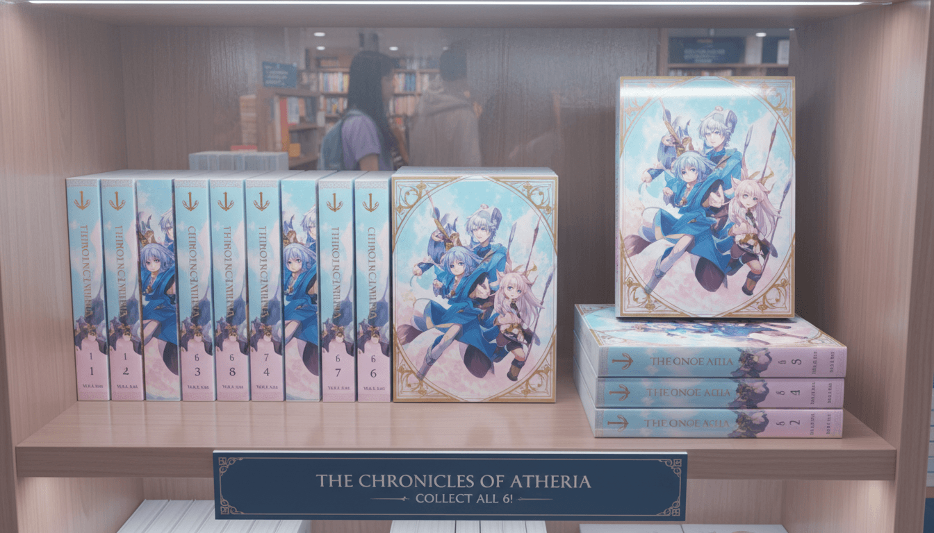 A bookshelf of light novel volumes of one series, each with an anime cover featuring the same recurring cast