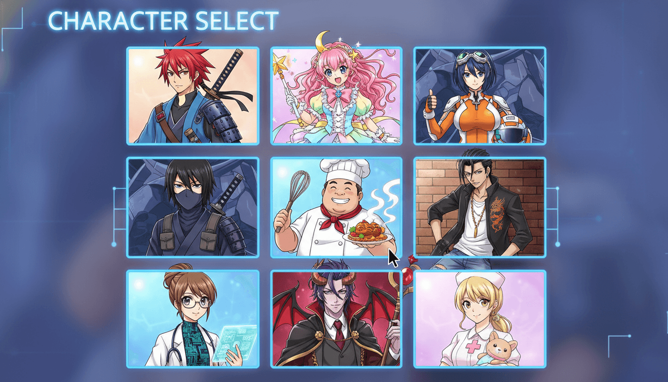 A roster grid of nine distinct manga-style characters with diverse looks and outfits