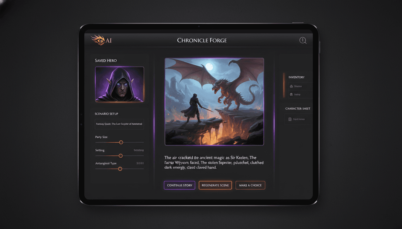 AI roleplay story generator interface showing a saved hero and scenario on the left and a freshly generated illustrated story scene in the center