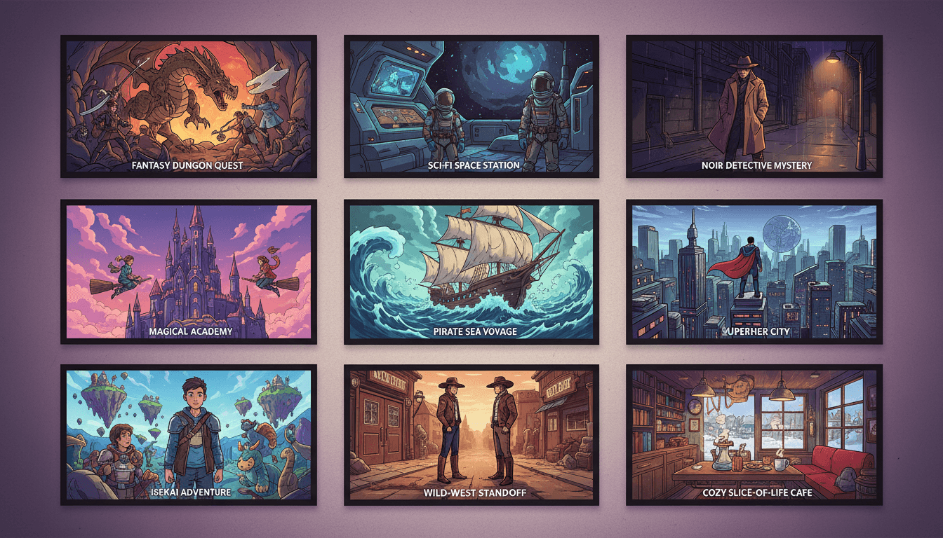 A grid of nine different illustrated roleplay story scenes across fantasy, sci-fi, mystery, academy, pirate, superhero, isekai, western, and slice-of-life genres